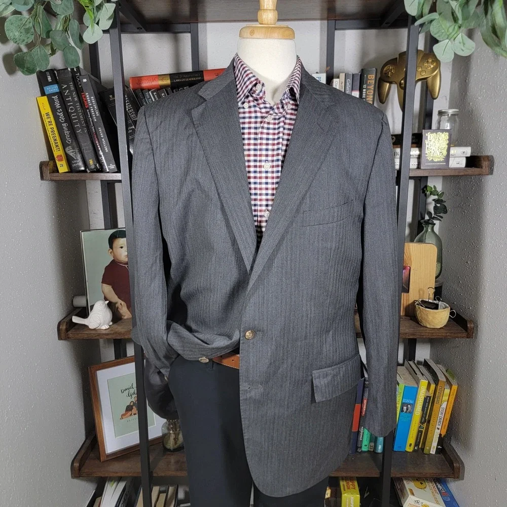 VTG Polo Ralph Lauren Men's Sport Coat‎ Two Button Gray Herringbone 46L ITALY